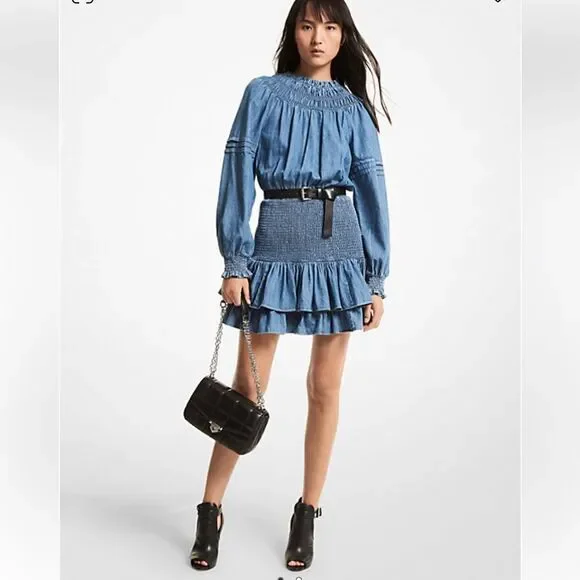 Michael Kors Cotton Chambray Smocked Mini Dress S - Picture 1 of 10